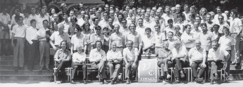 Participants of Neutrino ’72 conference. In the front row: T. D. Lee, G. L. Radicati, R. P. Feynman, B. Pontecorvo, G. Marx, V. F. Weisskopf, F. Reines, C. L. Cowan and P. Budini